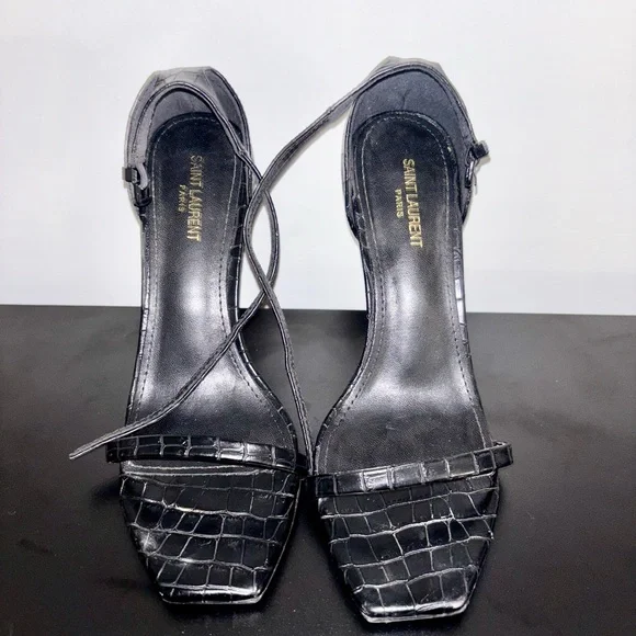 Saint Laurent Black Croc-Embossed YSL Logo Heel Sandal - Picture 3 of 4